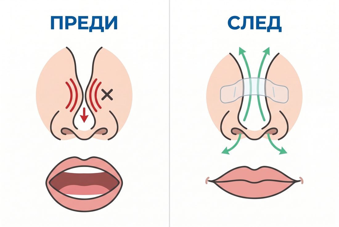 Преди и след — носната клапа отворена с лепенка